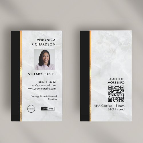 Black  White Marble Professional Notary Photo QR  Business Card