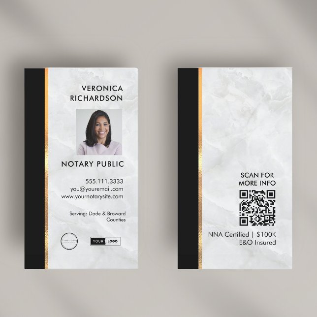 Black & White Marble Professional Notary Photo QR  Business Card (Creator Uploaded)