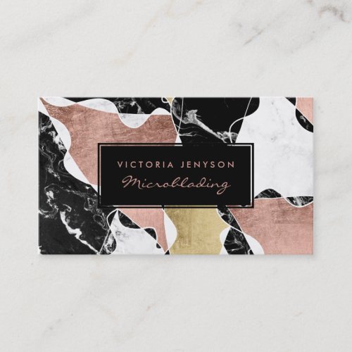 Black white marble rose gold block Microblading Business Card