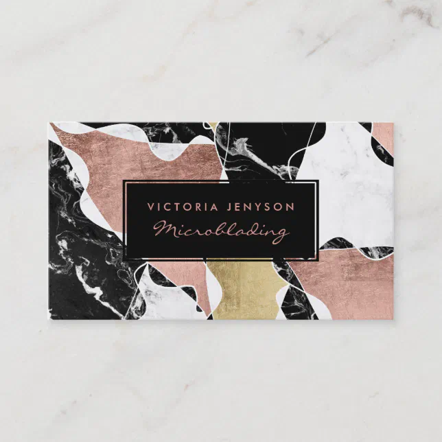 Black white marble rose gold block Microblading Business Card | Zazzle
