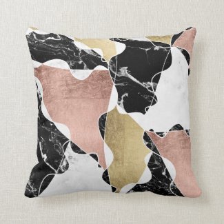 Black white marble rose gold color block geometric throw pillow
