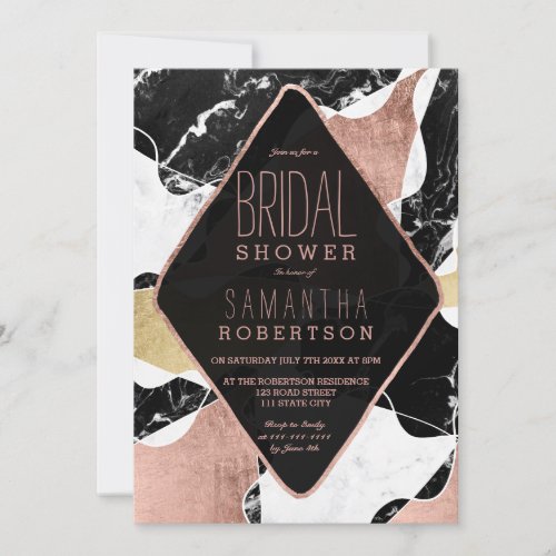 Black white marble rose gold modern bridal shower invitation