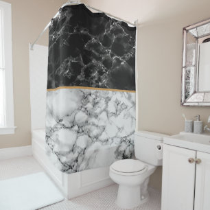Black White Marble Shower Curtain Gold Line