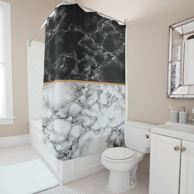 Black White Marble Shower Curtain Gold Line (In Situ)