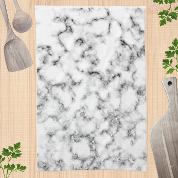 Black White Marble Silver Sparkle Flakes Texture Kitchen Towel by PLdesign at Zazzle