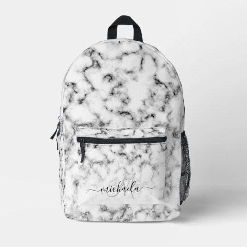 Black white marble sparkle bling Monogram Printed Backpack