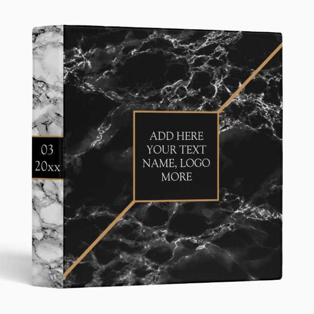 Black White Marble Stone - Add Text/Year /Logo 3 Ring Binder (Front/Spine)