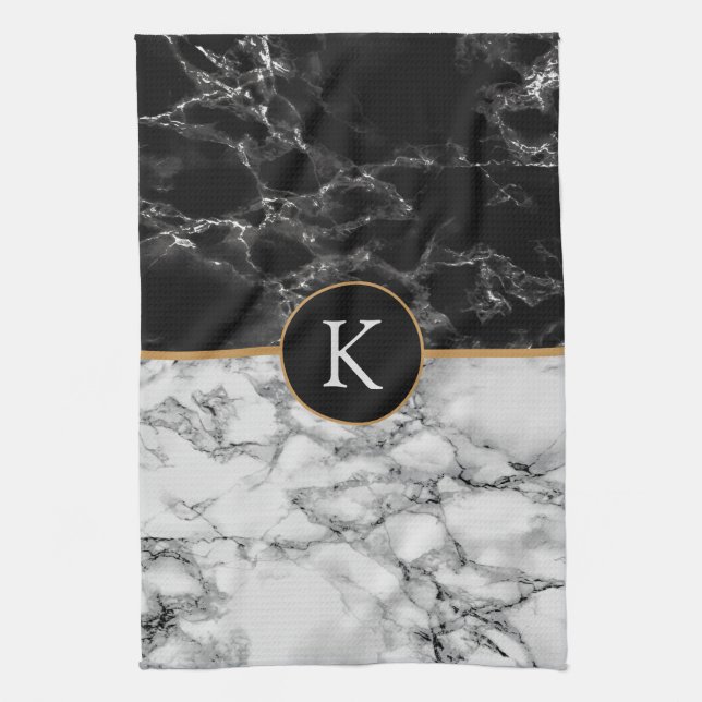 Black & White Marble Stone - Add Your Letter/More Kitchen Towel (Vertical)