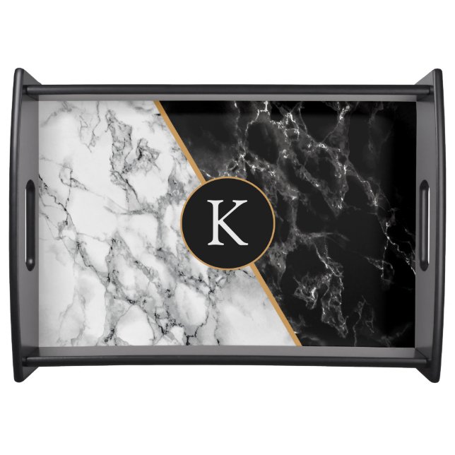 Black & White Marble Stone - Your Letter / Age Serving Tray (Front)