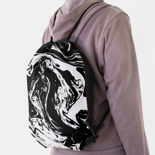 Black  White Marble Style Drawstring Backpack