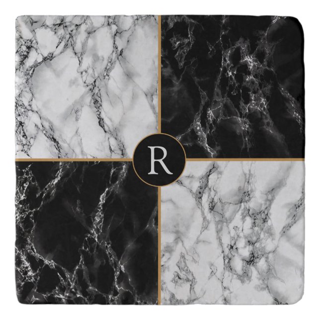 Black White Marble Trivet Personalized Your Letter (Front)