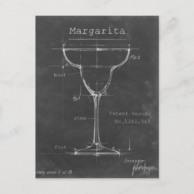 Black & White Margarita Glass Blueprint Postcard (Front)