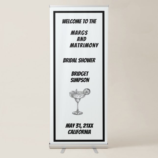black & white margs and matrimony bridal shower  retractable banner (Front)