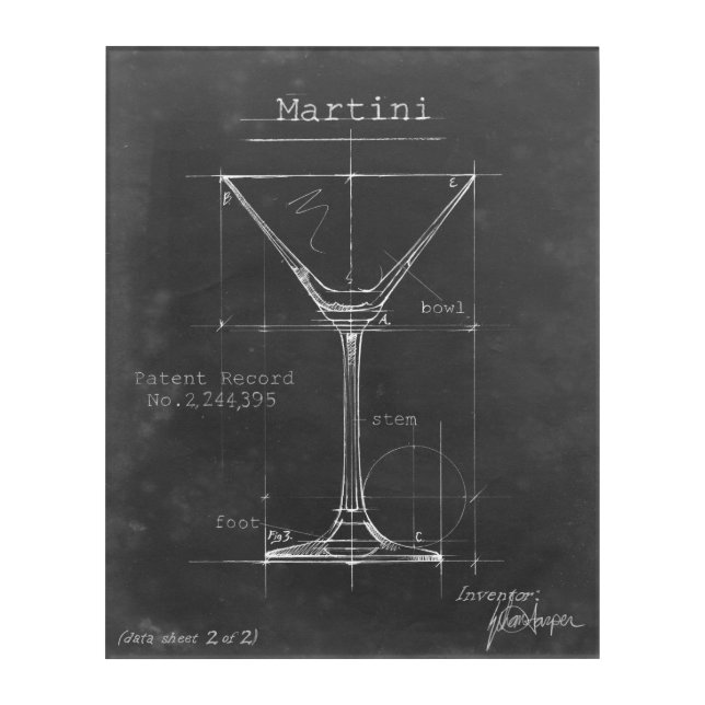 Black & White Martini Glass Blueprint Acrylic Print (Front)