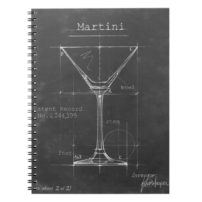 Black & White Martini Glass Blueprint Notebook (Front)