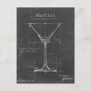 Black & White Martini Glass Blueprint Postcard