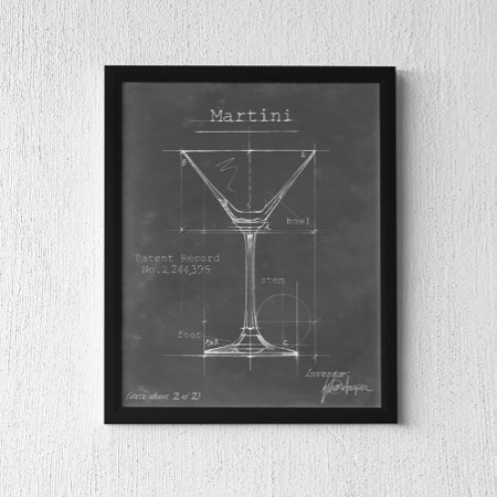 Black & White Martini Glass Blueprint Poster