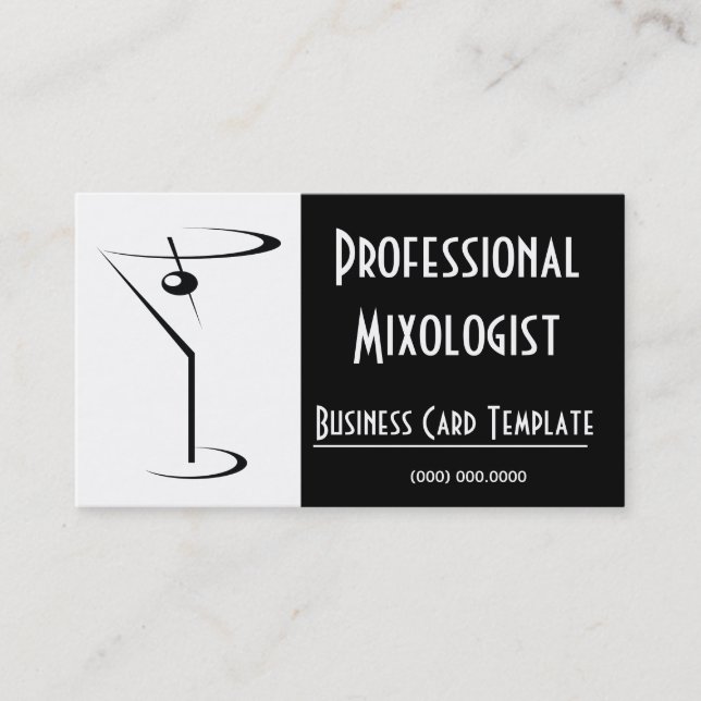 Black & White Martini Logo Mixologist Business Card (Front)