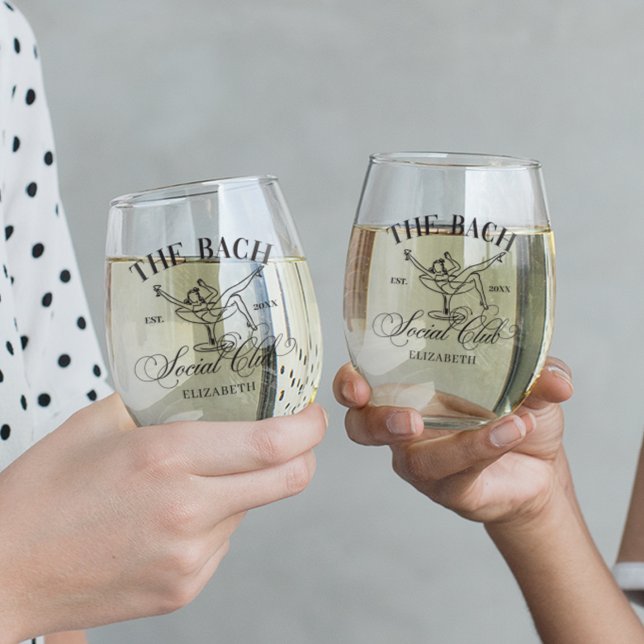 Black White Martini Social Club Bachelorette Party Stemless Wine Glass (Creator Uploaded)