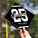 Black White Masculine 2025 Graduation Cap Topper<br><div class="desc">Masculine graduation cap topper featuring a stylish black background that can be changed to fit your personal taste or match your school colors, with a bold white "25" emblazoned in the center, representing the class year and symbolizing the start of a new chapter in life. Plus sleek lines running across...</div>