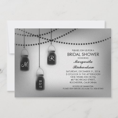 black  white mason jars lights bridal shower invitation