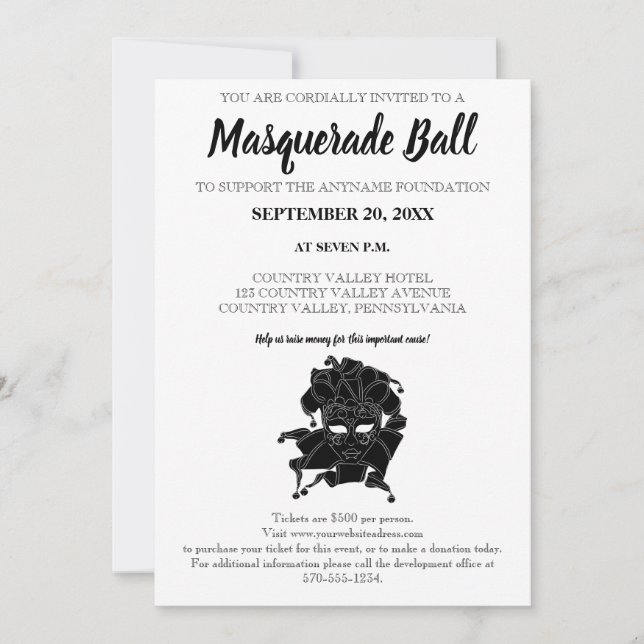 Black & White Masquerade Ball Fundraiser Gala Invitation (Front)