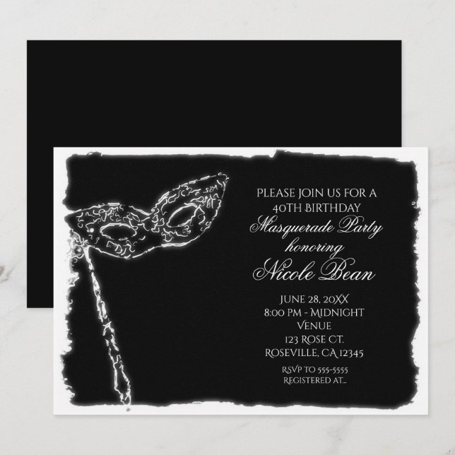 Black & White Masquerade Elegant Party Invitation (Front/Back)