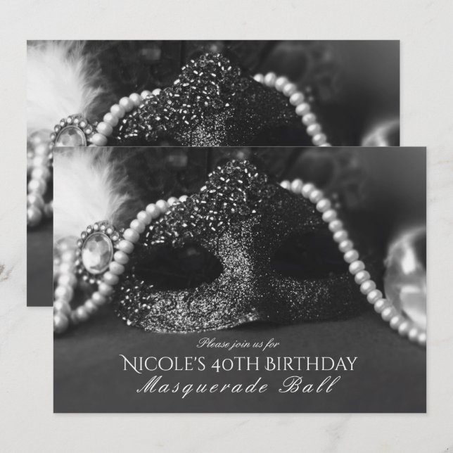 Black & White Masquerade Mask & Pearls Invitations (Front/Back)