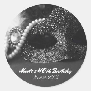 Black & White Masquerade Mask & Pearls Party Favor Classic Round Sticker