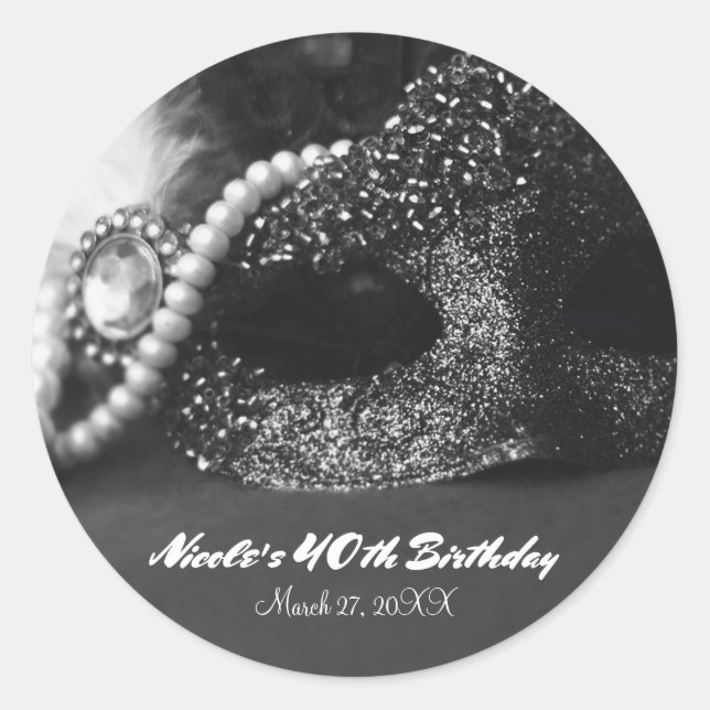 Black & White Masquerade Mask & Pearls Party Favor Classic Round Sticker (Front)