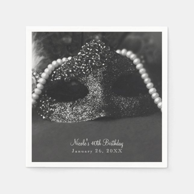 Black & White Masquerade Mask & Pearls Party Paper Napkins (Front)