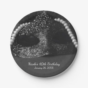 Black & White Masquerade Mask & Pearls Party Paper Plates