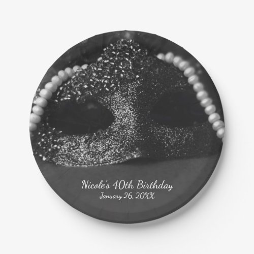Black  White Masquerade Mask  Pearls Party Paper Plates