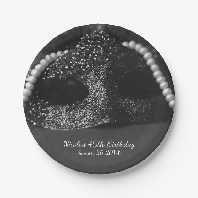 Black & White Masquerade Mask & Pearls Party Paper Plates (Front)