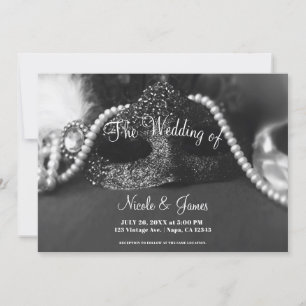 Black & White Masquerade Mask Pearls Wedding Invitation