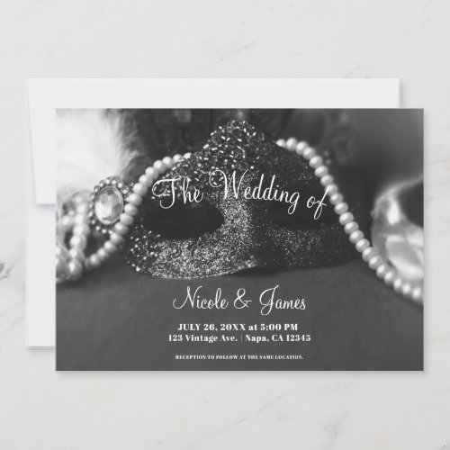 Black  White Masquerade Mask Pearls Wedding Invitation