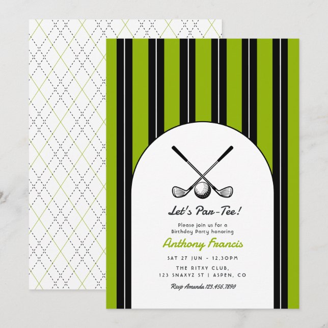 Black, White, & Matcha Green Golf Birthday Party Invitation (Front/Back)