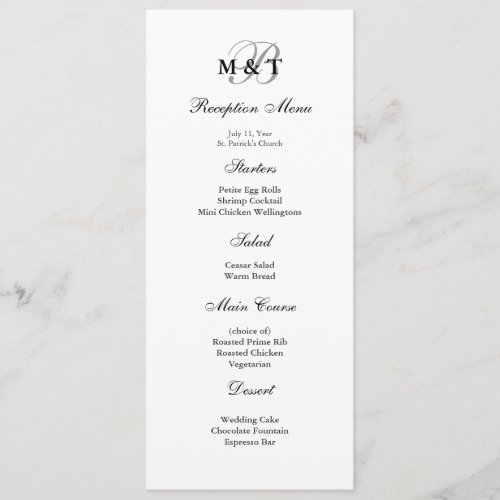 Black  White Matte Monogram Wedding Menu