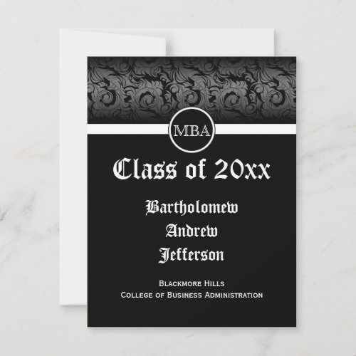 Black/White MBA Business Grad School Graduation Custom Invitation