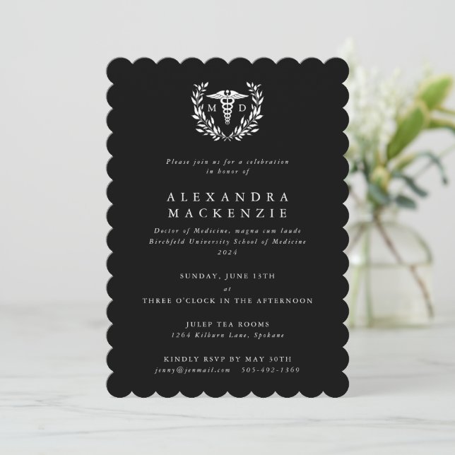 Black+White MD Caduceus+Laurel Wreath Graduation Invitation (Standing Front)