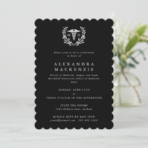 BlackWhite MD CaduceusLaurel Wreath Graduation Invitation