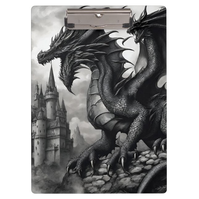 Black-White Medieval Gothic Dragon Clipboard (Front)