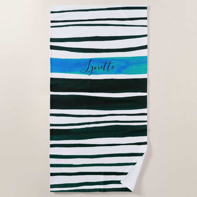 Black, white, mediterranean blue painted stripes  beach towel (Front)