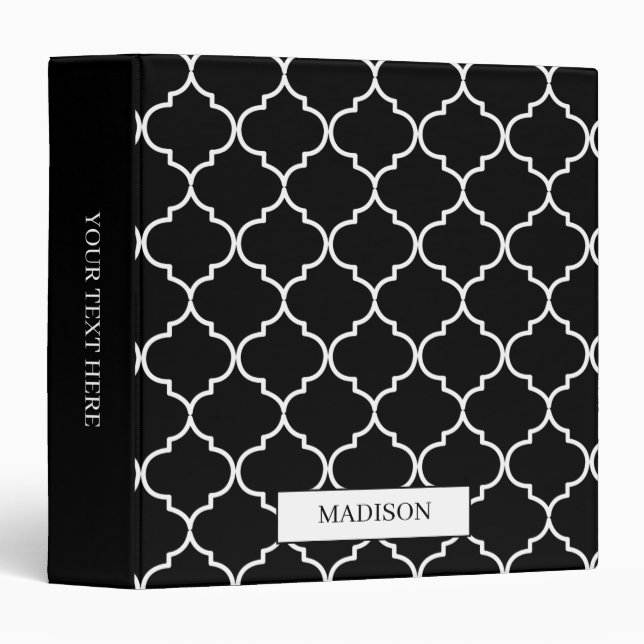 Black & White Mediterranean Moroccan Pattern 3 Ring Binder (Front/Spine)