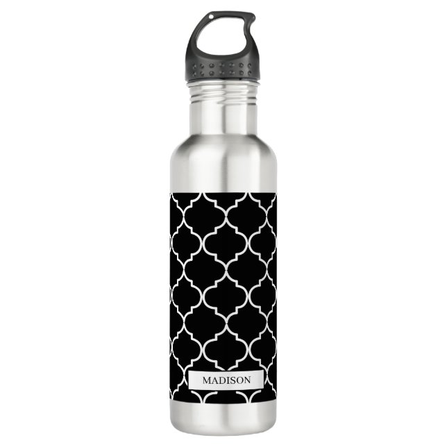 Black & White Mediterranean Moroccan Pattern Stainless Steel Water Bottle (Front)