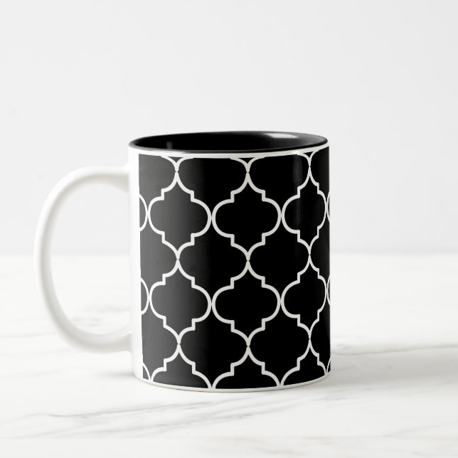 Black & White Mediterranean Moroccan Pattern Two-Tone Coffee Mug (Left)