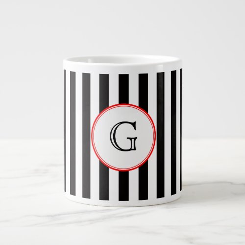 Black White Medium Stripe Red White Monogram Label Large Coffee Mug