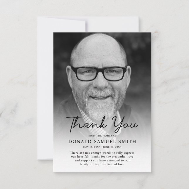Black & White Memorial Sympathy Funeral Photo Thank You Card (Front)