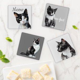 Black White Meow Cat Coaster Set