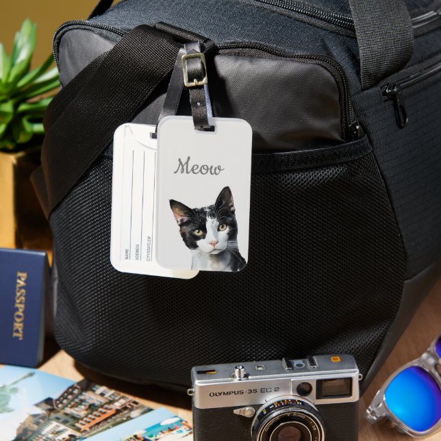 Black White Meow Cat  Luggage Tag (Front & Back)